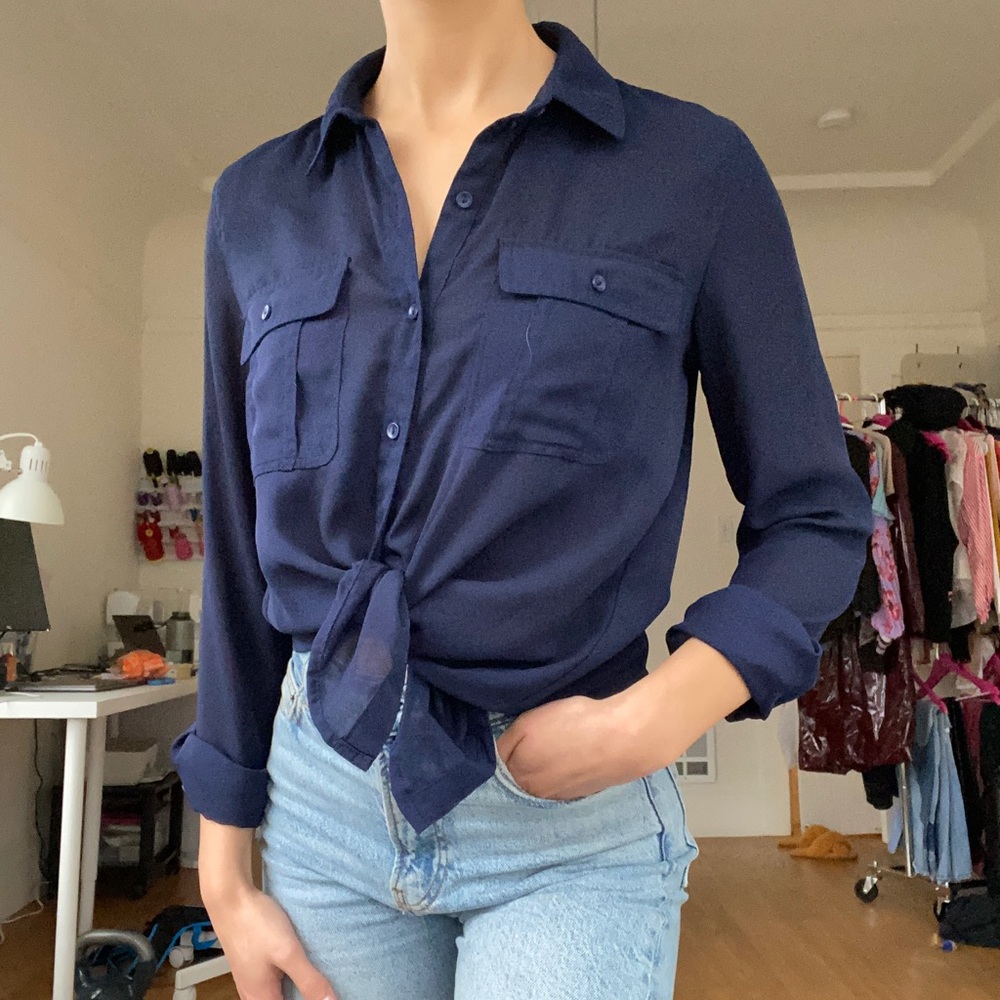 Navy button down blouse - Picture 2 of 4
